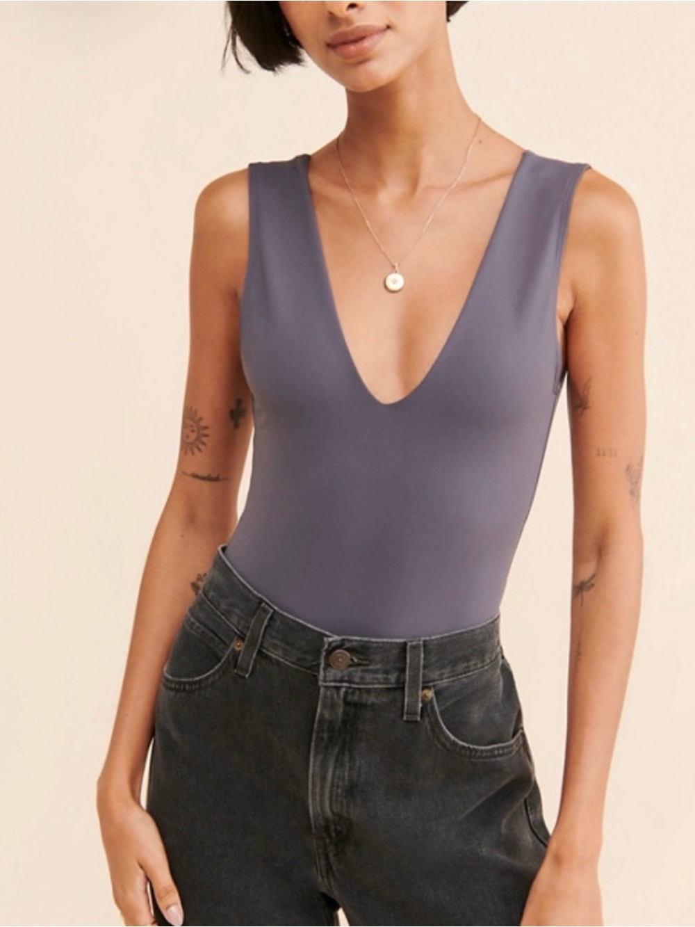 Free People Deep V Sleeveless Bodysuit in Dusty Lavender
